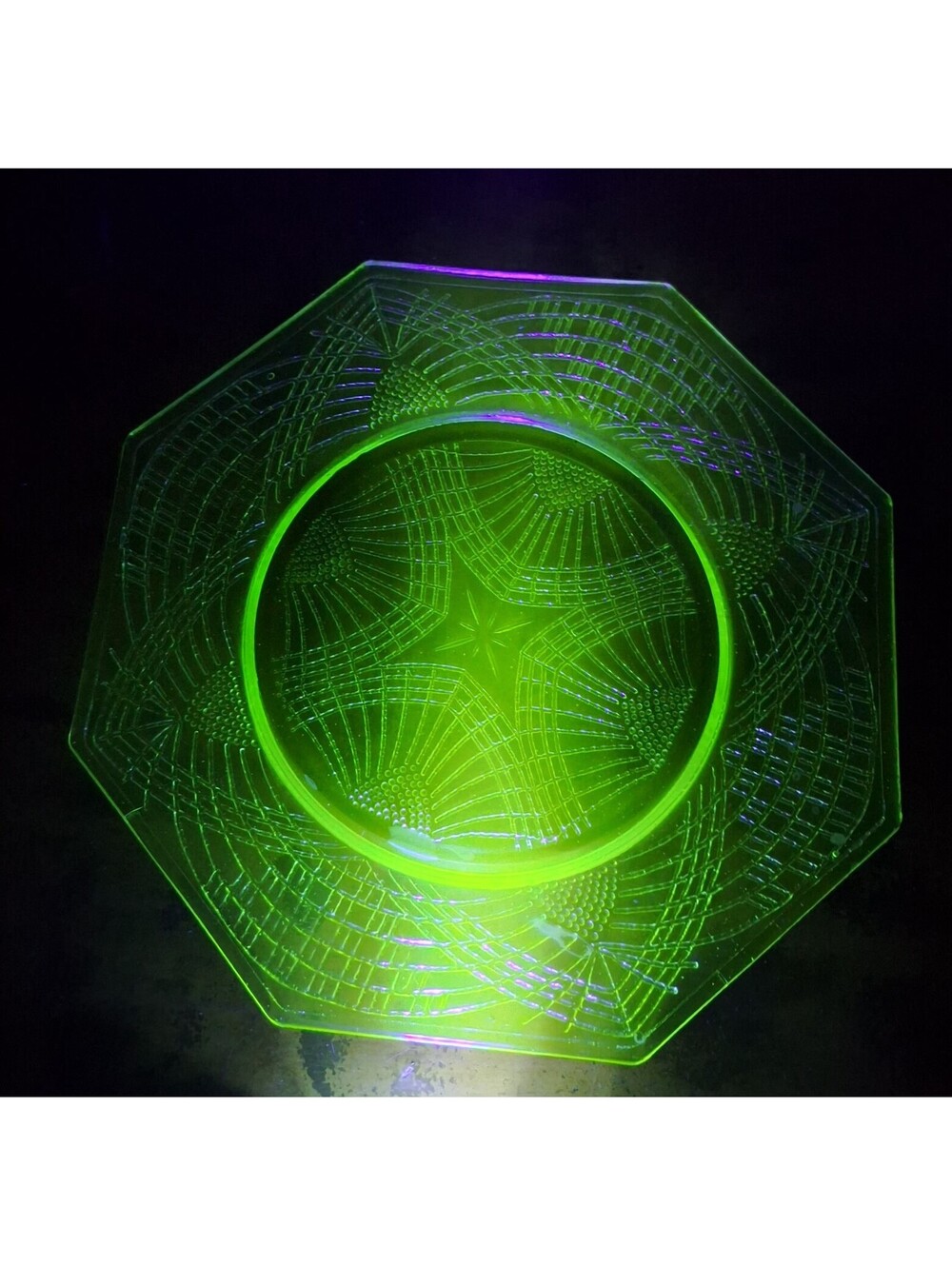 Le Smith Green Romanesque 8” Octagon Plate Uranium Glass Depression Set of 6 VTG